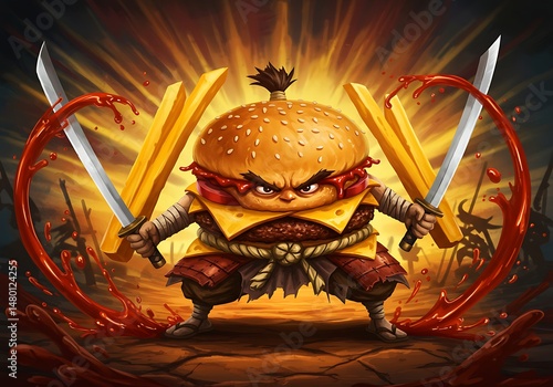 Wallpaper Mural A cartoon burger samurai stands ready for battle, brandishing french fry swords with intense eyes. Torontodigital.ca