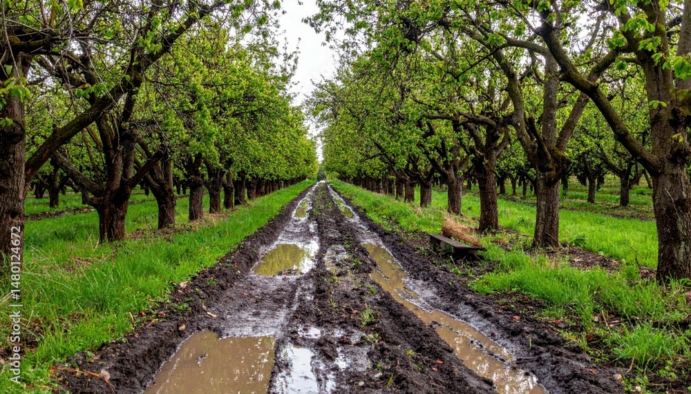 Fototapeta premium Muddy Path Through Lush Green Orchard Under Cloudy Sky