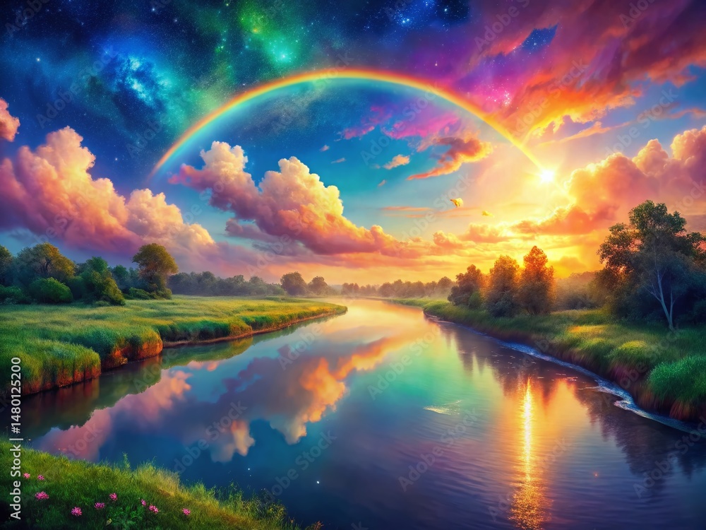Obraz premium Magical Rainbow River: Fantasy Landscape, Low Light, Generative AI Art