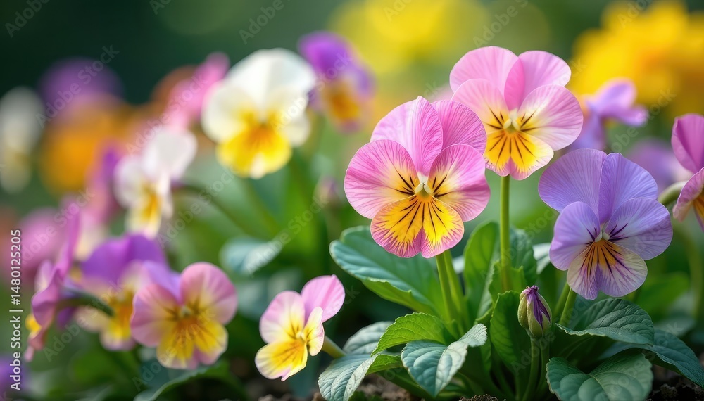 Soft pastel-colored pansies, lush garden setting, blooming flowers, spring Soft pastel-colored pansies, lush garden setting, blooming flowers, spring
