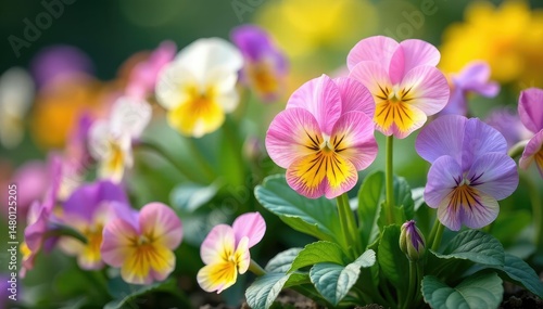 Soft pastel-colored pansies, lush garden setting, blooming flowers, spring