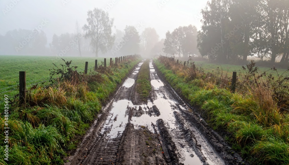 Obraz premium Misty Country Road with Puddles and Lush Greenery on Sides
