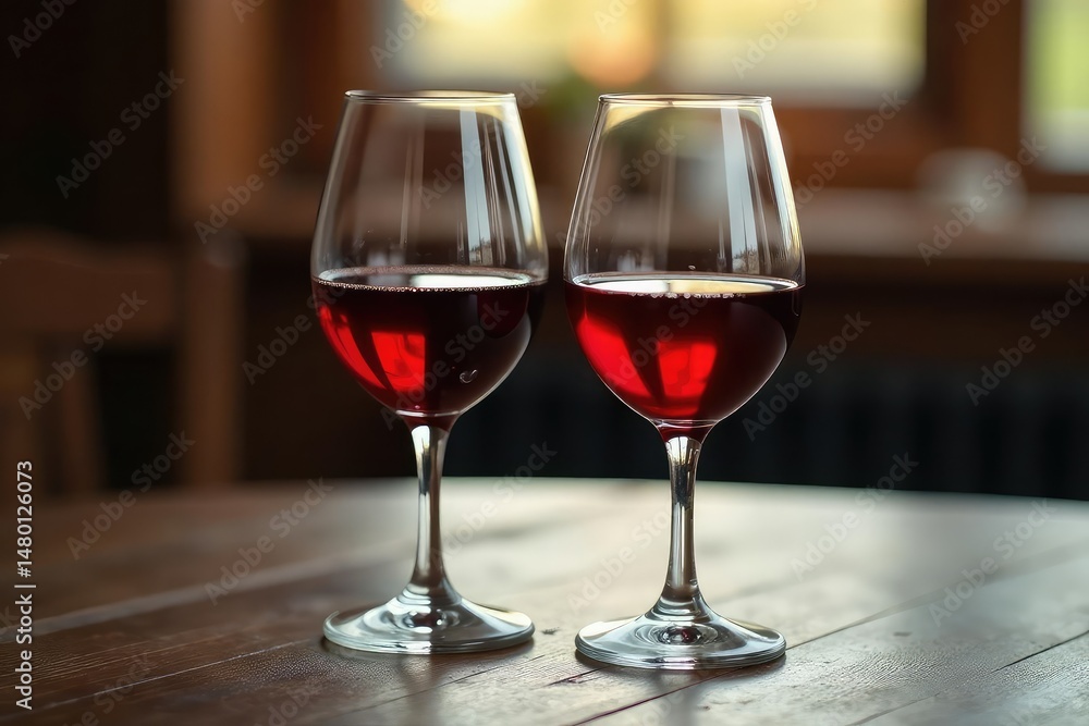 Two glasses of red wine, partially filled, on a wooden table , rich, texture Two glasses of red wine, partially filled, on a wooden table , rich, texture