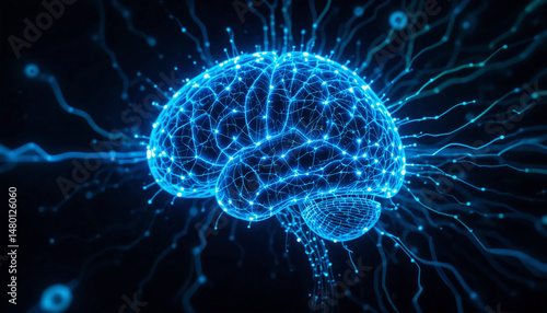 A glowing digital brain in electric blue and neon green visualizing dynamic neural activity and deep learning processes, representing the high-energy world of AI technology.