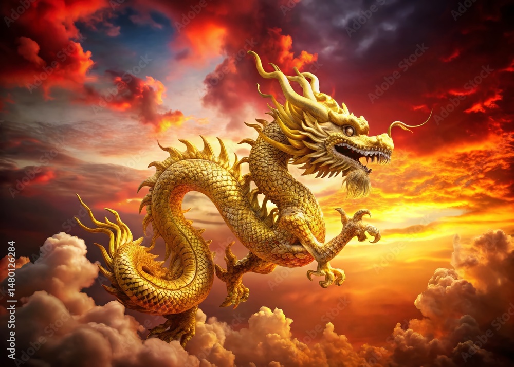 Fototapeta premium Majestic Golden Dragon Soaring Over Red Clouds - Aerial View