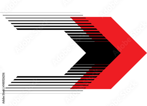 Vector striped arrow. Red-black sports pattern on a white background. Pointer with space for text. Navigation, direction. Thin lines