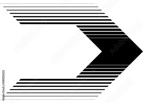 Vector striped arrow. Sports pattern of black lines on a white background. Pointer with place for text. Navigation, direction. Vector background.