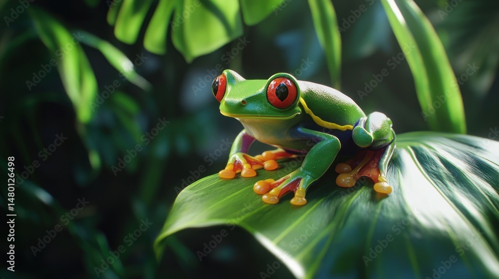 Vibrant rainforest frog perched on a large leaf Vibrant rainforest frog perched on a large leaf