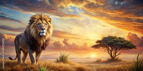 Majestic Lion Watercolor Landscape: Serene Savannah Sunset Background