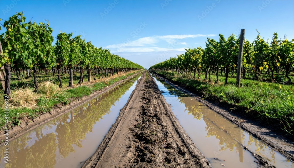 Fototapeta premium Lush Vineyard Rows with Reflection in Water and Clear Blue Sky