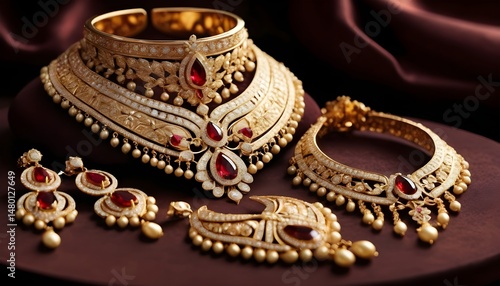 Luxurious Royal Gold Jewelry Set with Red Gemstones on Dark Brown Background – Traditional Indian Bridal Necklace, Earrings, and Bangles Display
