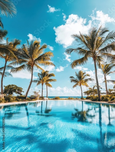 Tropical Pool View with Palm Trees and Blue Sky Reflecting in Water at Luxury Resort Vacation Destination