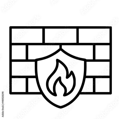 Minimal black line icon of firewall shield with flame