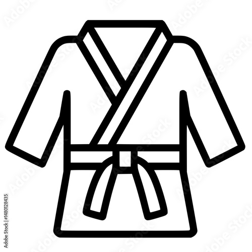 Minimal black line icon of karate gi with belt