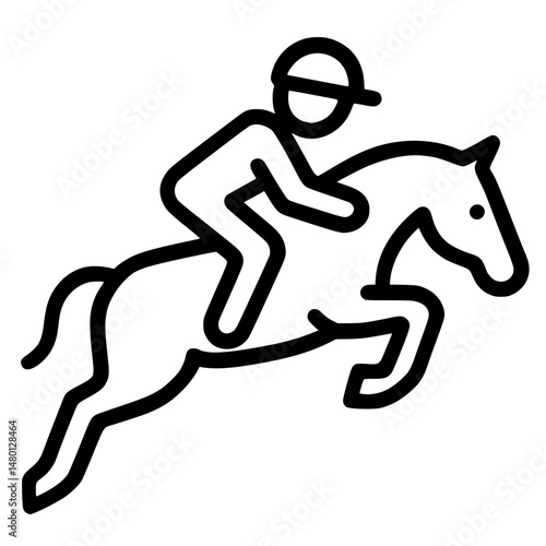 Minimal black line icon of horse and rider jumping in equestrian sport