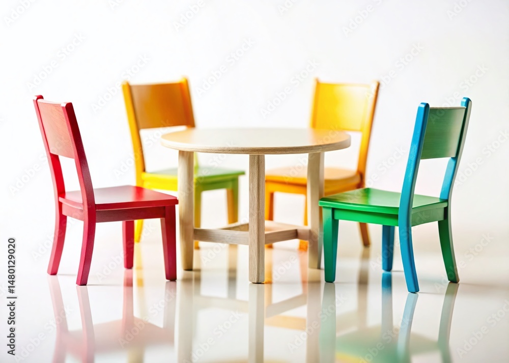Fototapeta premium Miniature Four Chairs Around Table, White Background, Tilt-Shift Photography