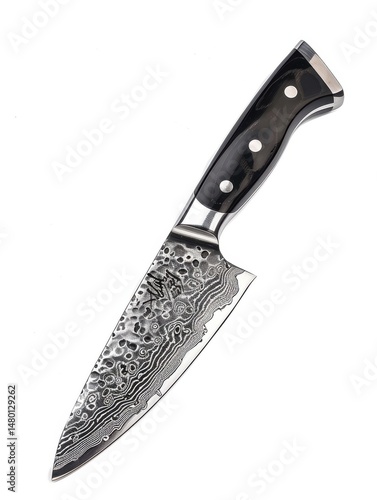 A sharp stainless steel kitchen knife, black ergonomic handle, isolated on a clean white background, overhead studio lighting, photorealistic, product photography 