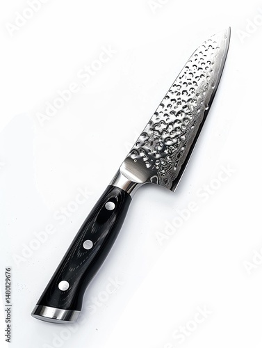 A sharp stainless steel kitchen knife, black ergonomic handle, isolated on a clean white background, overhead studio lighting, photorealistic, product photography 