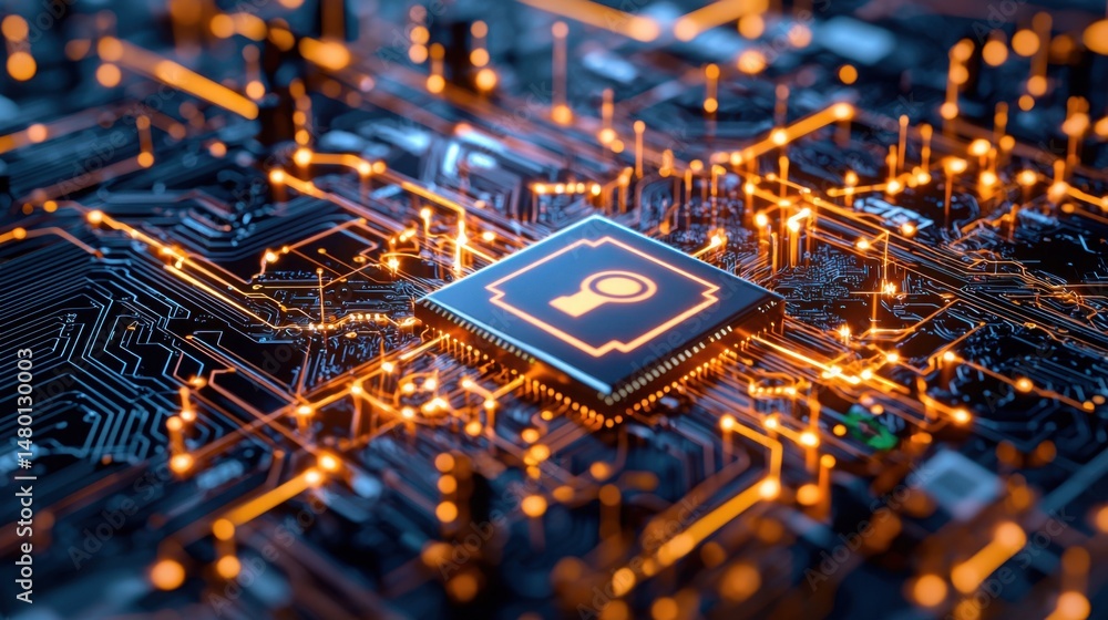 Obraz premium Futuristic Microprocessor with Bright Circuits on a Computer Board