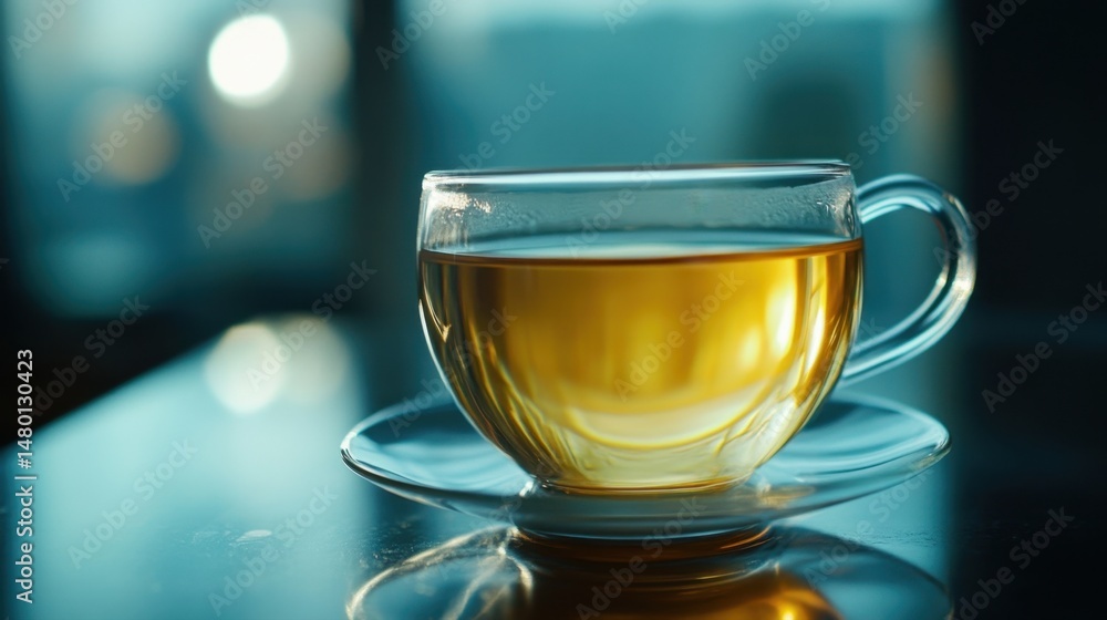 Clear Glass Cup of Herbal Tea with Warm Amber Color Captured on a Table with Soft Natural Light Clear Glass Cup of Herbal Tea with Warm Amber Color Captured on a Table with Soft Natural Light