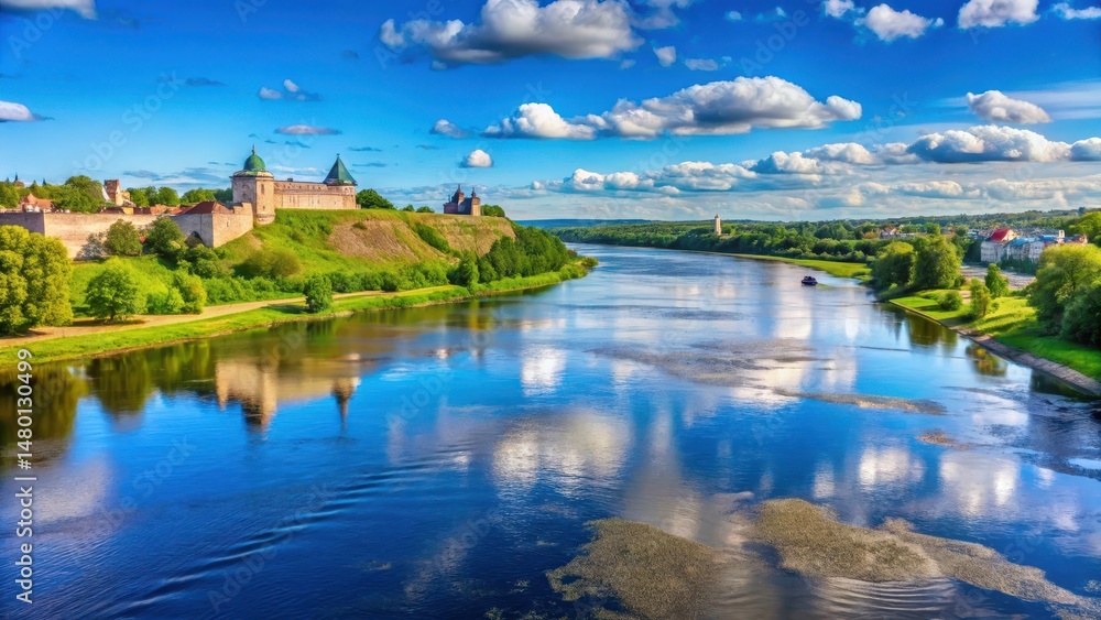 Fototapeta premium View from Narva in Estonia over the border river Narva and the Russian border to Ivangorod Russia summer blue sky, Summer Sky, Nature