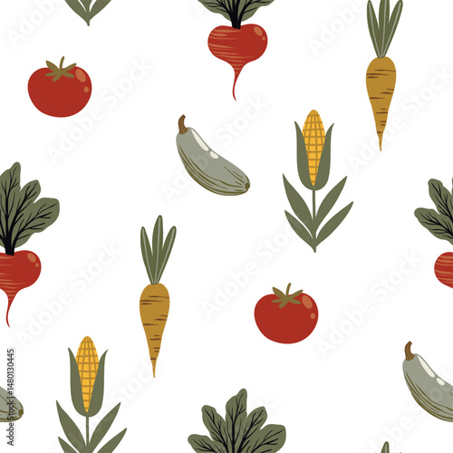 Seamless vector pattern in flat cartoon style with beetroot, zucchini, tomatoes, and corn cobs on white background. Ideal for kids’ designs, autumn themes, farm prints, and textiles.