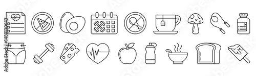 Fitness lifestyle items outline illustrations