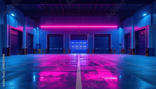 Vibrant Neon Lights in Empty Industrial Warehouse Interior Space