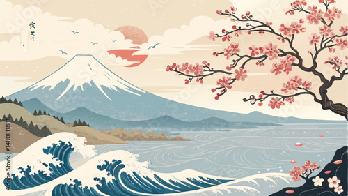 Mount Fuji and Cherry Blossoms – Traditional Ukiyo-e Vector Landscape

