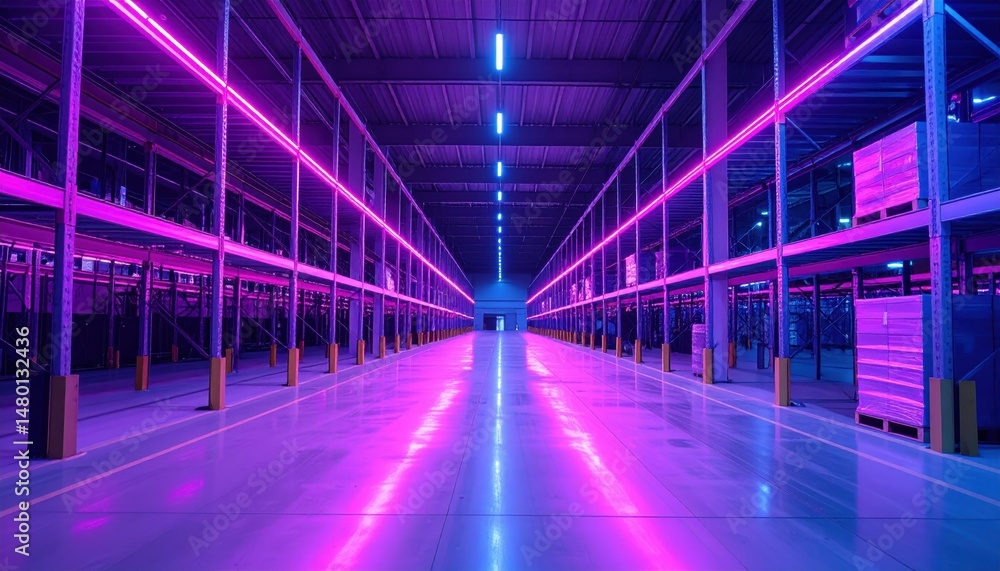 Fototapeta premium Modern Warehouse Interior with Neon Lighting and Futuristic Vibe