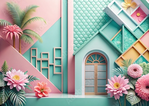 Minimalist Flat Manga Floral Pattern Background: Pastel Art Deco Design