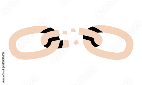 Hand drawn cute cartoon illustration of broken chain. Flat vector weak link doodle style. Slavery or habit escape icon or print. Network disconnection sticker. Break free sign. Isolated.