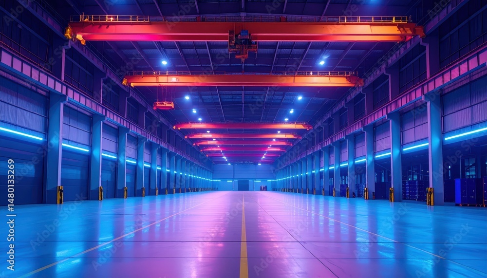 Fototapeta premium Modern Industrial Warehouse with Vibrant Lighting and Cranes