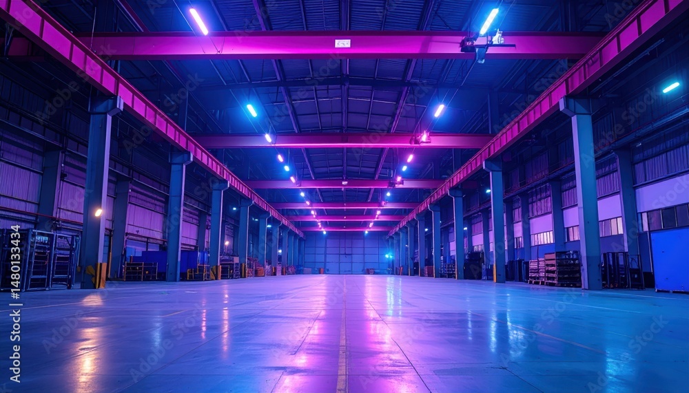 Fototapeta premium Colorful Industrial Warehouse Interior with Neon Lighting Effects