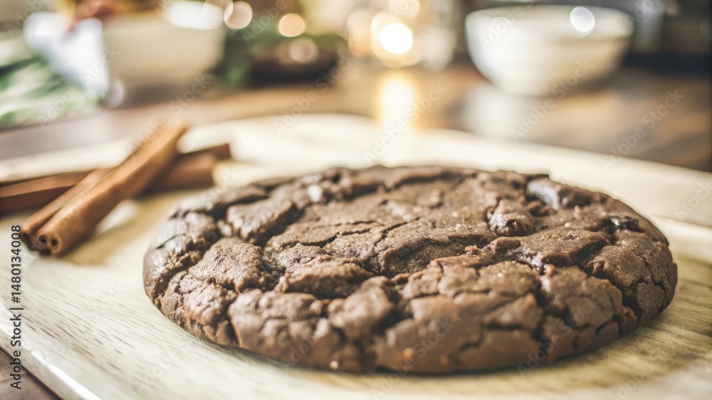 A Close-Up of a Chewy Chocolate Chip Cookie with Cinnamon Sticks on a Wooden Surface A Close-Up of a Chewy Chocolate Chip Cookie with Cinnamon Sticks on a Wooden Surface
