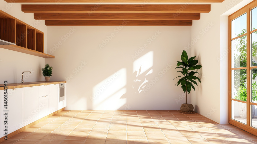 Fototapeta premium Cozy and rustic kitchen interior with wooden beams, bright sunlight, and potted plant. space is inviting and warm, perfect for gatherings