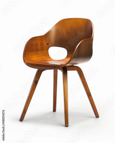 A single modern wooden kitchen chair, smooth walnut finish, minimal Scandinavian design, isolated on a pure white background, studio lighting, soft shadows, photorealistic 
