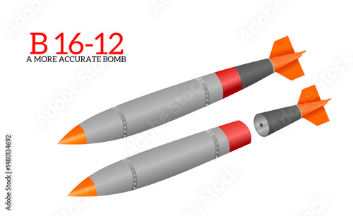 nuclear bomb, nuclear weapon, empty space, vector illustration, American land-based intercontinental ballistic missile icon in flat style on white background, Nuclear Bomb Rocket Version B16-12