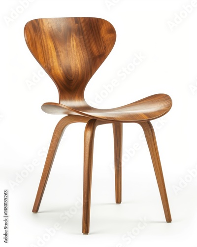 A single modern wooden kitchen chair, smooth walnut finish, minimal Scandinavian design, isolated on a pure white background, studio lighting, soft shadows, photorealistic 