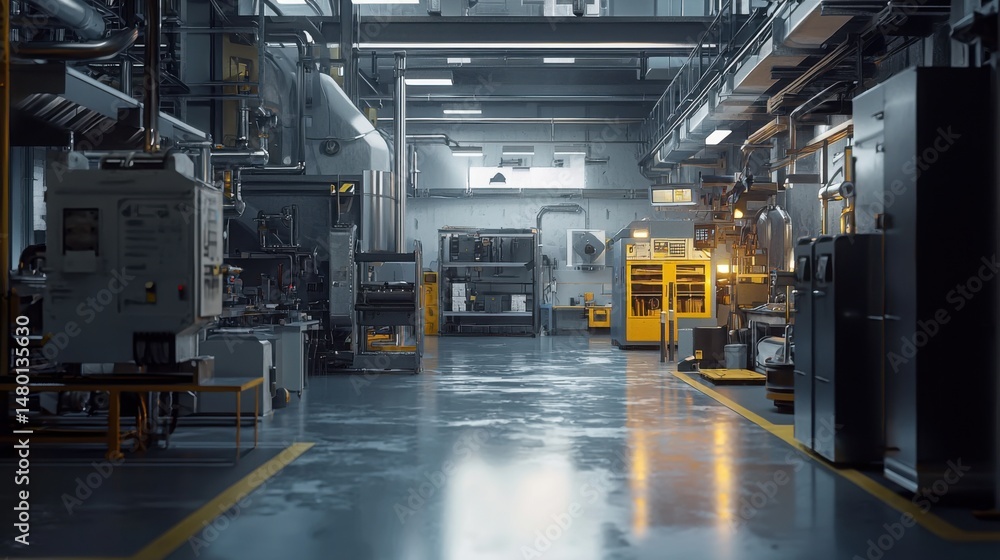 Industrial Warehouse Interior with Machinery and Equipment Setup Industrial Warehouse Interior with Machinery and Equipment Setup
