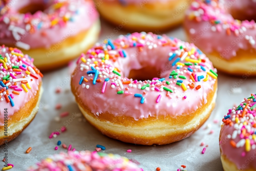 A white background highlights a solitary donut adorned with vibrant sprinkles A white background highlights a solitary donut adorned with vibrant sprinkles