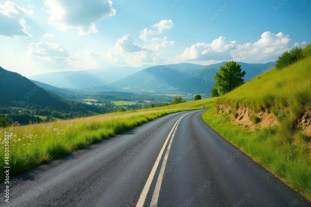 Naklejka premium Asphalt cycling road winding through scenic countryside , bend, vibrant