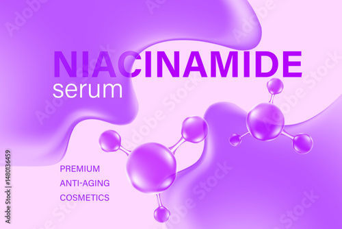 Abstract Niacinamide serum illustration, premium anti-aging cosmetic product backdrop. Glowing molecular structure, light purple background. Great for scientific beauty marketing, skincare banner