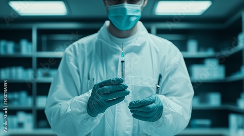A healthcare professional in protective gear holds a syringe in a medical facility, preparing for an injection or vaccination.