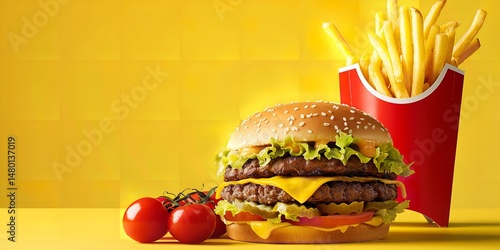 A box of fries with a tender double petty burger with cheese, fast food motif for marketing, Generative AI.