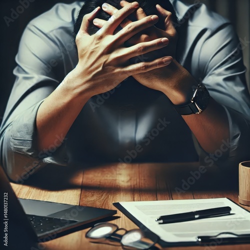 Stressed Person Showing Hands and Body Language at Work Desk