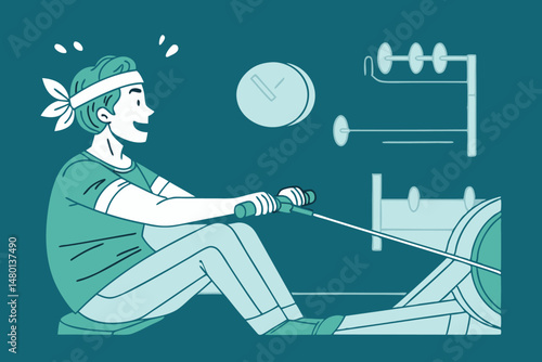 Excited Man Exercising on a Rowing Machine in a Gym.