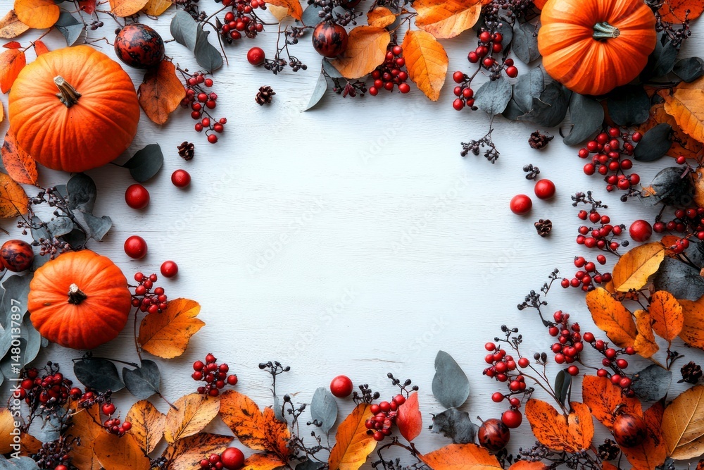 Fototapeta premium Autumnal frame with pumpkins and foliage