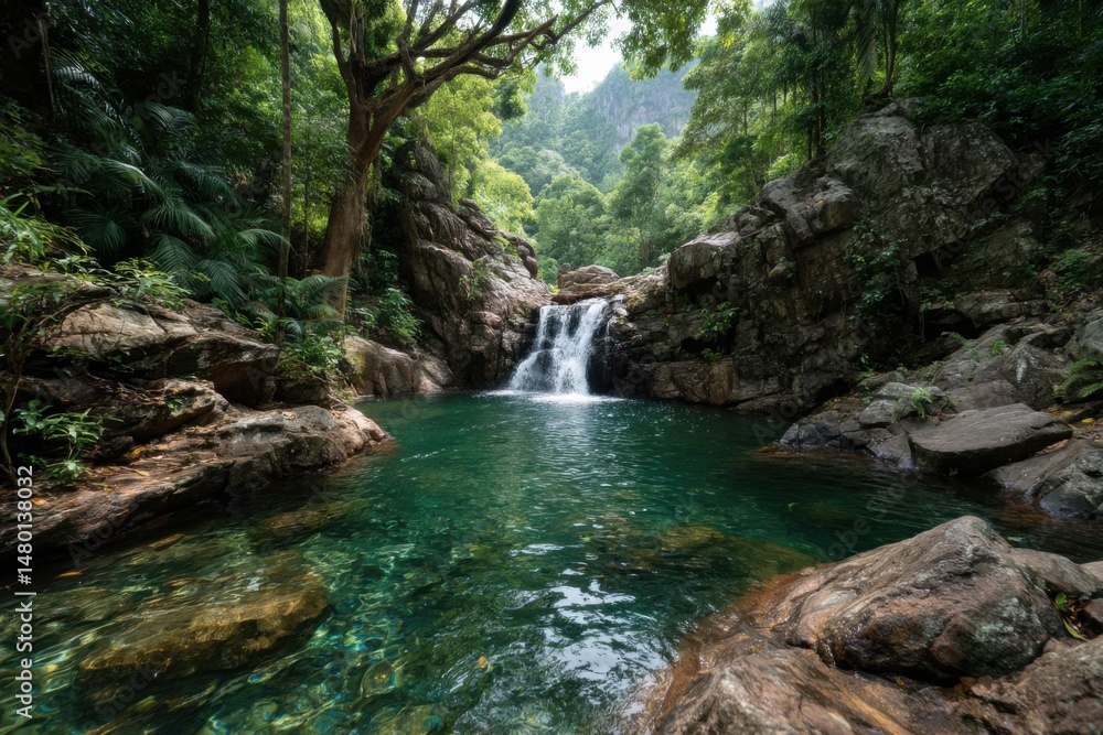 Fototapeta premium Tranquil waterfall cascade in lush jungle greenery, clear emerald pond, surrounding rocks, pristine nature view