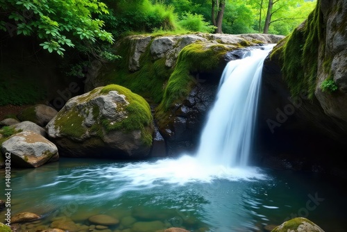 Crystal clear waterfall cascading over mossy rocks, picturesque, scenic, moss